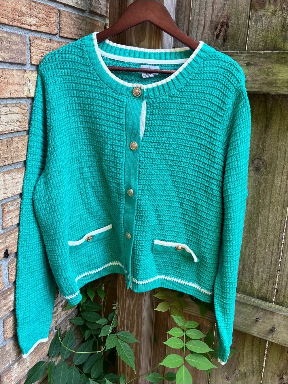Nicole Miller Green Preppy Cardigan with White Trim and Gold Buttons